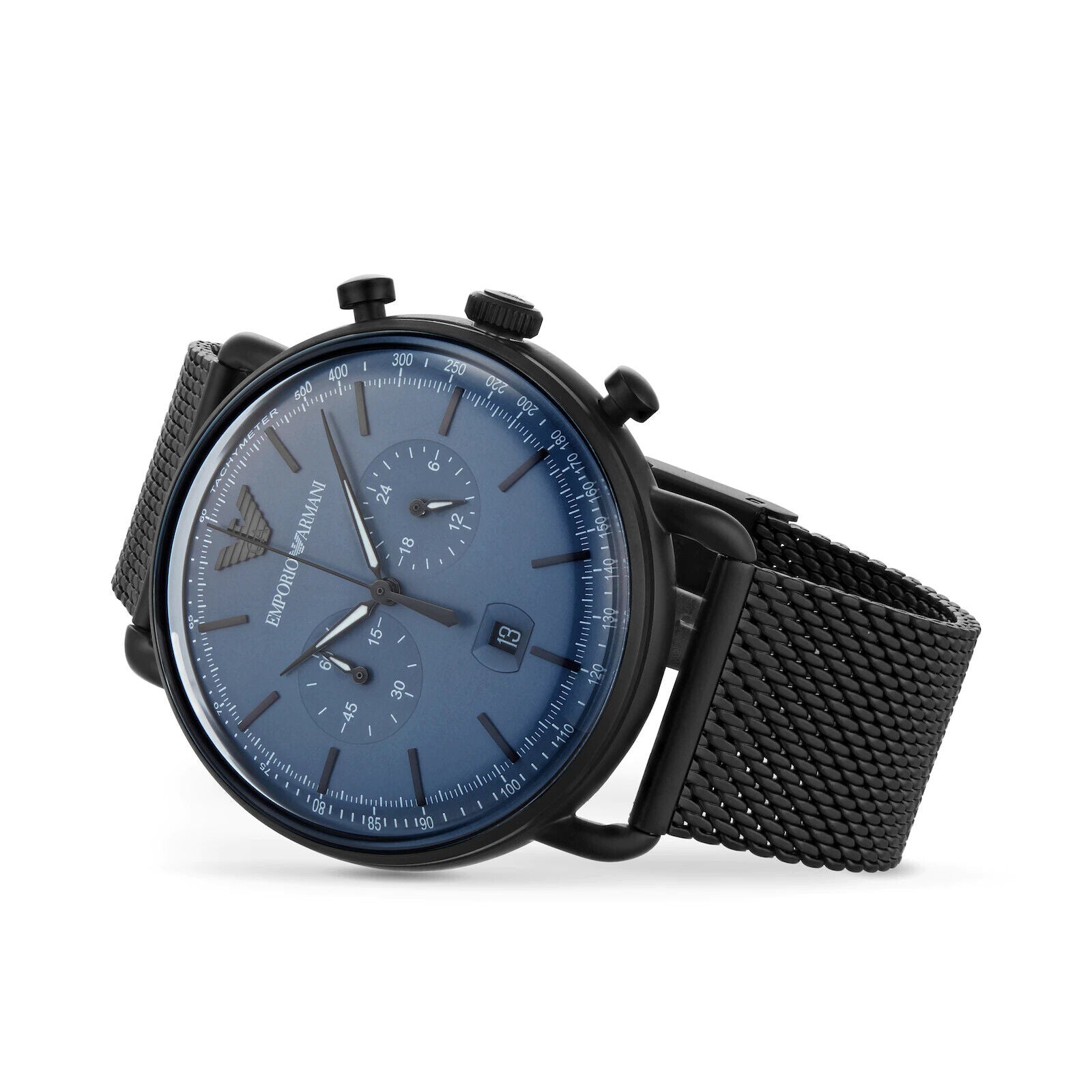 Emporio Armani Aviator Chronograph Blue Dial Black Mesh Bracelet Watch For Men - AR11201