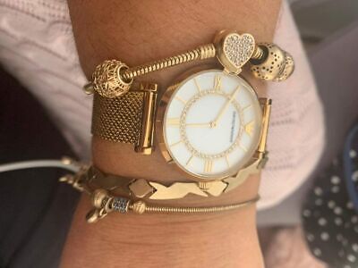Emporio Armani Gianni T Bar Mother of Pearl Dial Gold Mesh Bracelet Watch For Women - AR11321