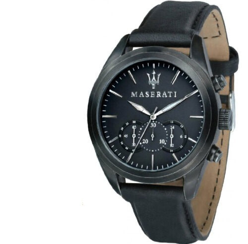 Maserati Traguardo Black Leather Strap Quartz Black Dial Watch For Men - R8871612019