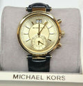 Michael Kors Sawyer Champagne Dial Black Leather Strap Watch for Women - MK2433