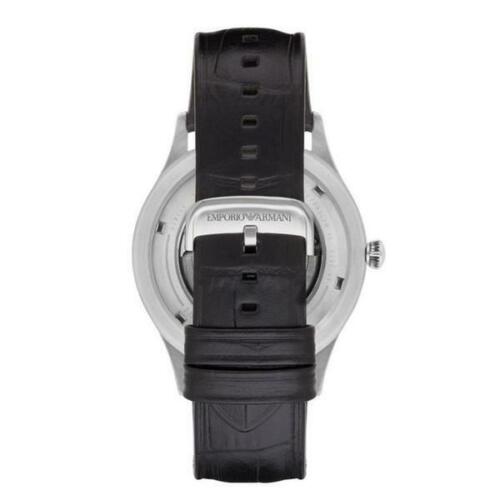 Emporio Armani Meccanico Silver Skeleton Dial Black Leather Strap Watch For Men - AR2072