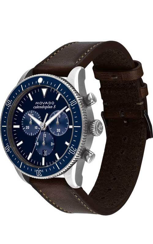Movado Heritage Chronograph Blue Dial Brown Leather Strap Watch For Men - 3650061