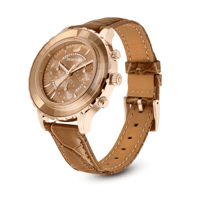 Swarovski Octea Lux Chrono Brown Gold Dial Brown Leather Strap Watch for Women - 5632260