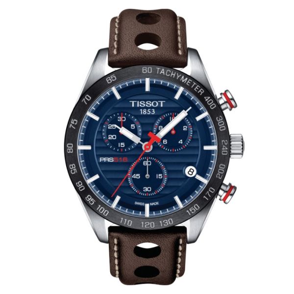 Tissot PRS 516 Chronograph Blue Dial Brown Leather Strap Watch For Men - T100.417.16.041.00