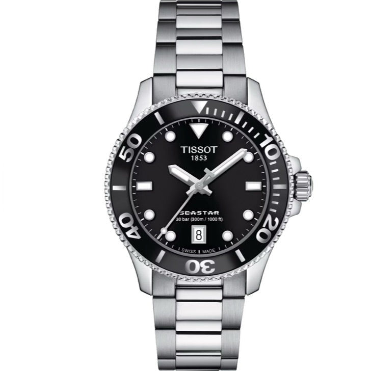 Tissot Seastar 1000 Lady Quartz Black Dial Silver Steel Strap Watch for Women - T120.210.11.051.00
