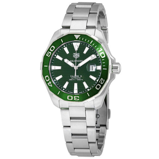 Tag Heuer Aquaracer Calibre 5 Automatic Green Dial Silver Steel Strap Watch for Men - WAY201S.BA0927