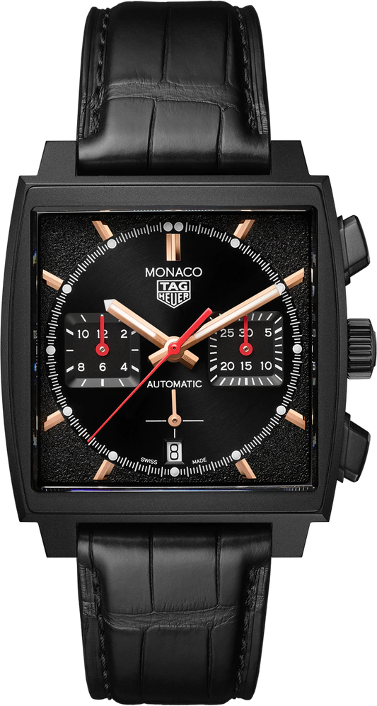 Tag Heuer Monaco Automatic Chronograph Black Dial Black Leather Strap Watch for Men - CBL2180.FC6497