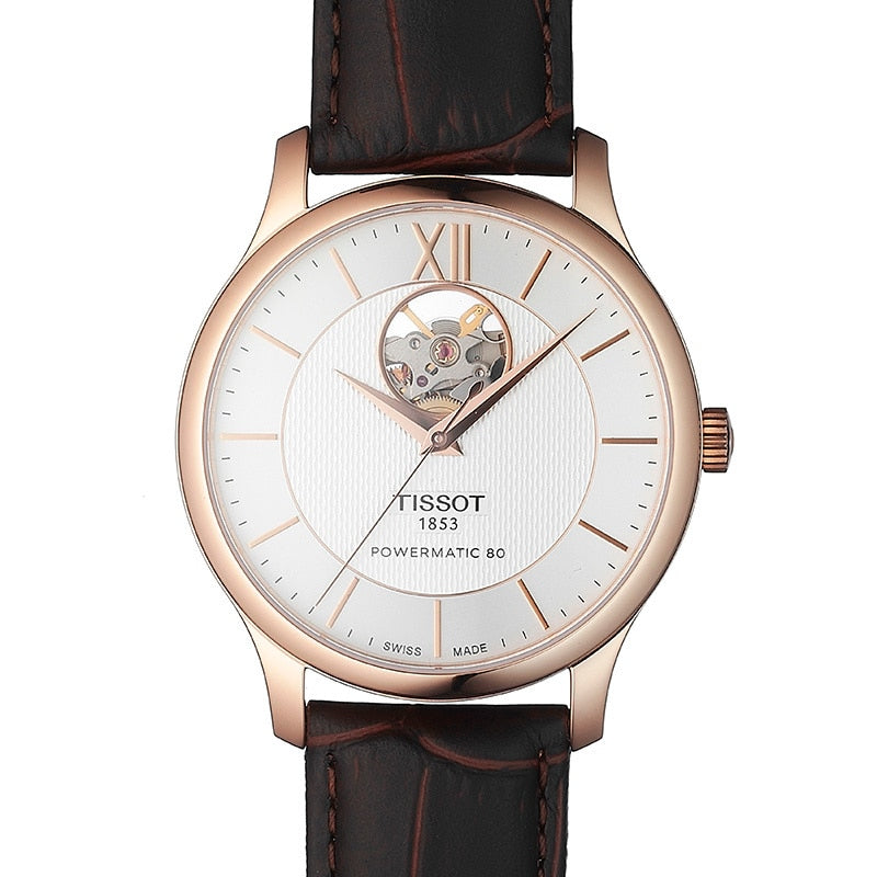 Tissot Tradition Powermatic 80 Open Heart Silver Dial Brown Leather Strap Watch For Men - T063.907.36.038.00