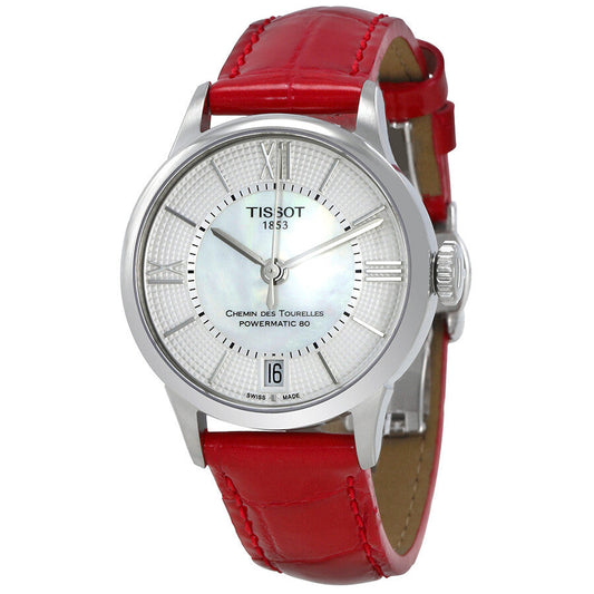 Tissot Chemin Des Tourelles Automatic Mother of Pearl Dial Red Strap Watch For Women - T099.207.16.118.00