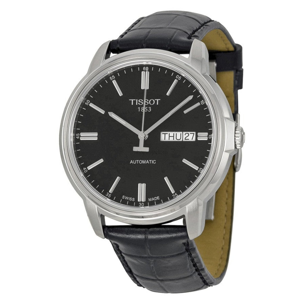 Tissot Automatics III Day Date Black Dial Black Leather Strap Watch For Men - T065.430.16.051.00