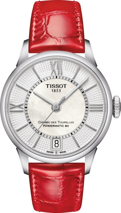 Tissot Chemin Des Tourelles Automatic Mother of Pearl Dial Red Strap Watch For Women - T099.207.16.118.00
