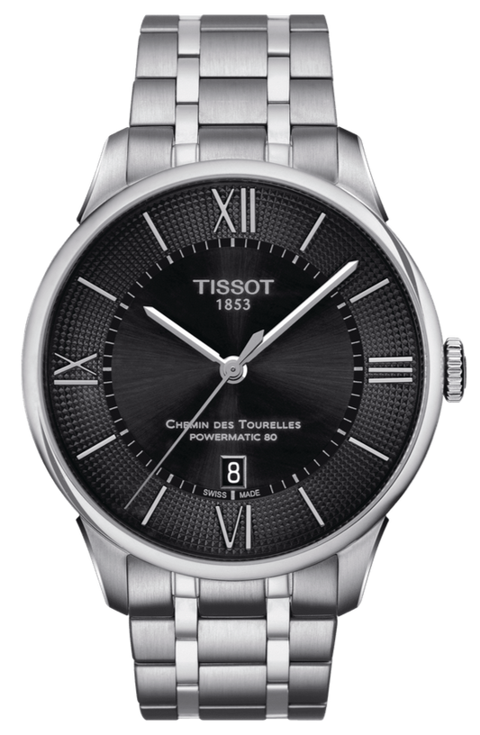 Tissot Chemin Des Tourelles Powermatic 80 Black Dial Silver Steel Strap Watch For Men - T099.407.11.058.00