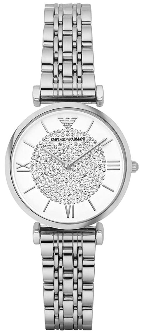 Emporio Armani Gianni T Bar White Crystal Pave Dial Silver Steel Strap Watch For Women - AR1925