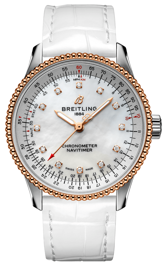 Breitling Navitimer Automatic 35 Mother of Pearl Dial White Leather Strap Watch for Women - U17395211A1P3