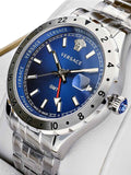 Versace Hellenyium GMT Blue Dial Silver Steel Strap Watch for Men - V11010015