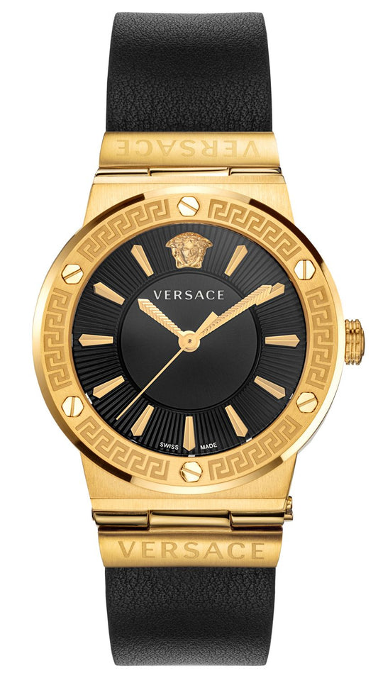Versace Greca Black Dial Black Leather Strap Watch for Women - VEVH00320