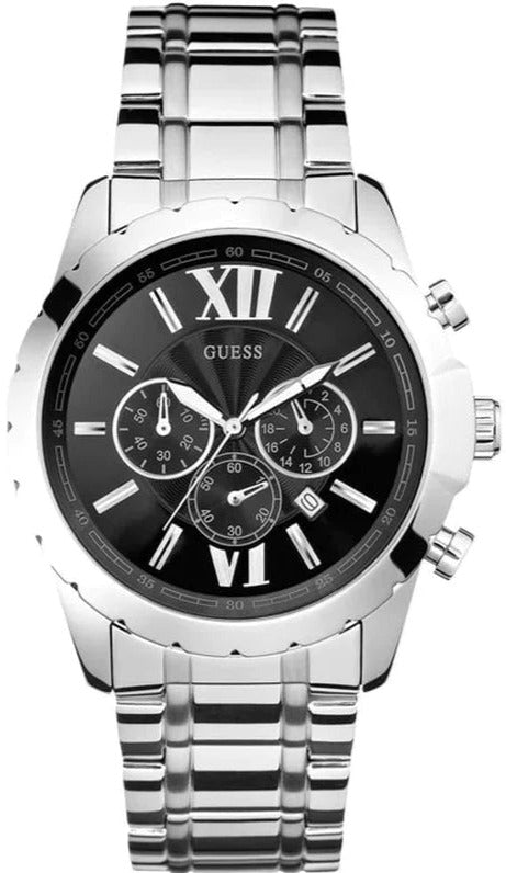 Guess Chronograph Black Dial Silver Steel Strap Watch for Men - W0193G2