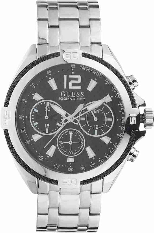 Guess Surge Chronograph Black Dial Silver Steel Strap Watch for Men - W1258G1