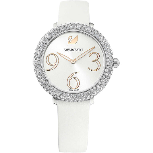 Swarovski Crystal Frost Silver Dial White Leather Strap Watch for Women - 5484070