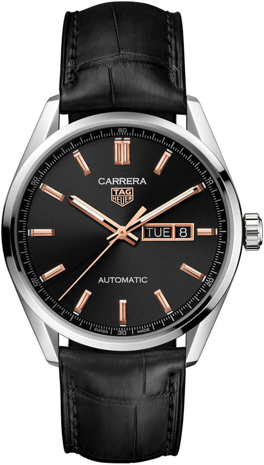 Tag Heuer Carrera Day Date Black Dial Black Leather Strap Watch for Men - WBN2013.FC6503