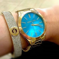 Michael Kors Slim Runway Mother of Pearl Blue Dial Gold Steel Strap Watch for Women - MK3492