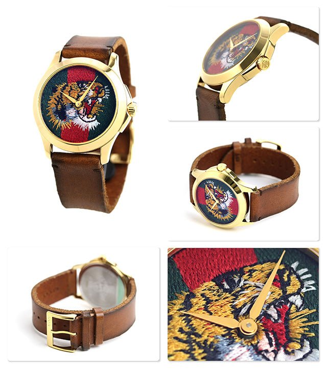 Gucci Le Marche Des Merveilles Red & Green Dial Brown Leather Strap Unisex Watch - YA126497