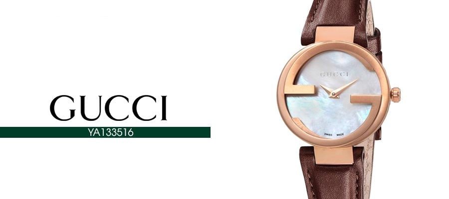 Gucci G Interlocking Mother of Pearl Dial Brown Leather Strap Watch For Women - YA133516