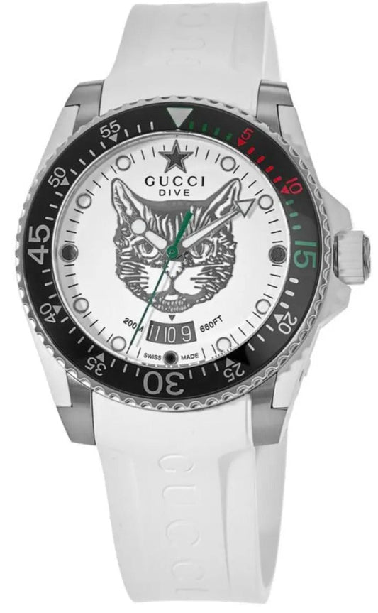 Gucci Dive Tiger White Dial White Rubber Strap Watch For Men - YA136329