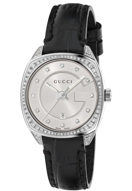 Gucci GG2570 Diamonds Silver Dial Black Leather Strap Watch For Women - YA142507