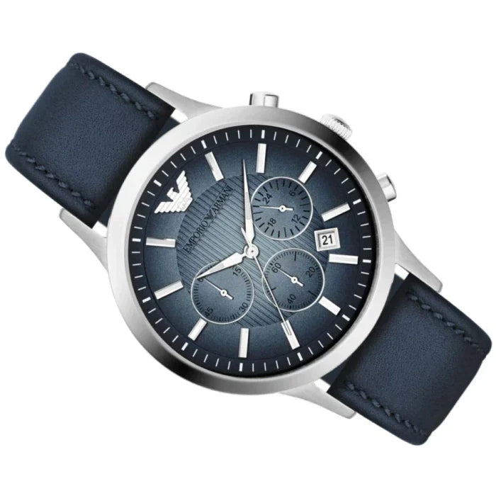 Emporio Armani Classic Chronograph Blue Dial Blue Leather Strap Watch For Men - AR2473
