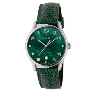 Gucci G-Timeless Green Mother of Pearl Dial Green Leather Strap Watch For Women - YA126585