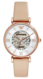 Emporio Armani AR60001 Meccanico Automatic Women's Watch – Silver Skeleton Dial & Beige Leather Strap