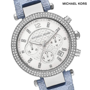 Michael Kors Parker Silver Dial Blue Leather Strap Watch For Women - MK6936