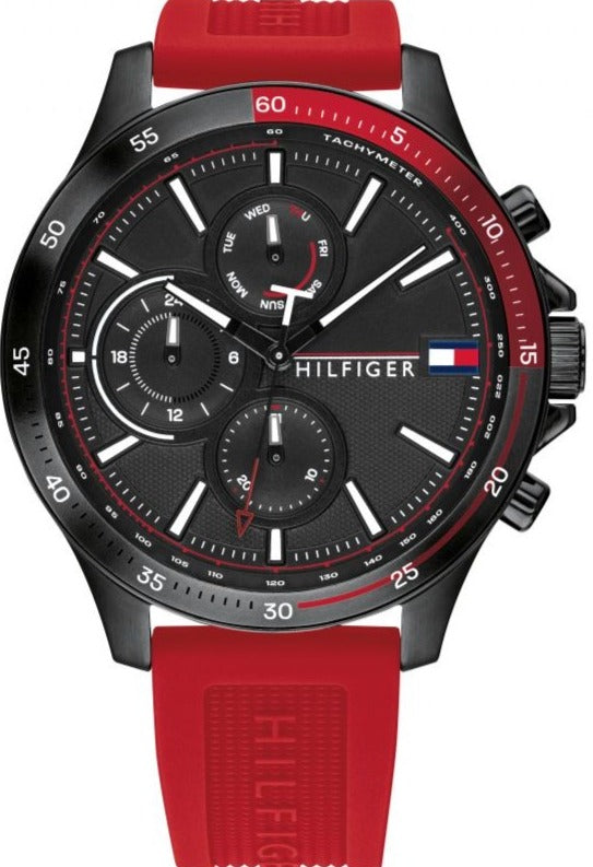 Tommy Hilfiger Multifunction Quartz Black Dial Red Rubber Strap Watch for Men - 1791722