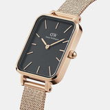 Daniel Wellington Quadro Melrose Black Dial Rose Gold Mesh Bracelet Watch For Women - DW00100432