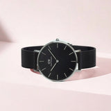Daniel Wellington DW00100202 Petite Ashfield Women’s Watch – Black Dial with Matte Black Mesh Strap
