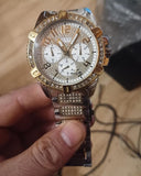 Guess W0799G4 Frontier Chronograph Men’s Watch – Silver Dial & Two Tone Steel Strap with Crystals