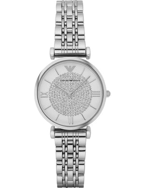 Emporio Armani Gianni T Bar White Crystal Pave Dial Silver Stainless Steel Strap Watch For Women - AR1925