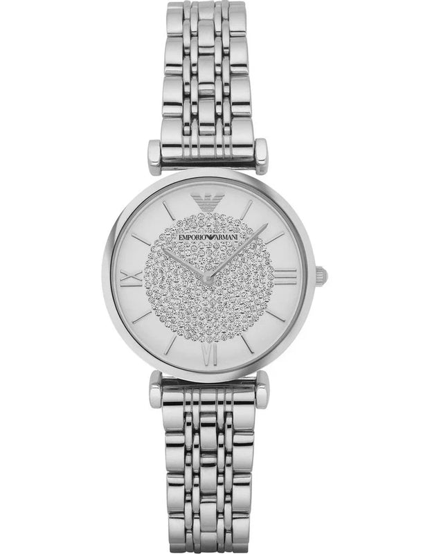 Emporio Armani Gianni T Bar White Crystal Pave Dial Silver Stainless Steel Strap Watch For Women - AR1925
