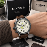 Nixon 51-30 Chronograph Beige Dial Brown Leather Strap Watch for Men - A124-1388