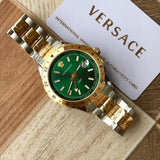 Versace Hellenyium GMT Green Dial Two Tone Steel Strap Watch for Men - V11050015