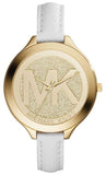 Michael Kors MK2389 Slim Runway Quartz Women's Watch – Gold Dial & White Leather Strap