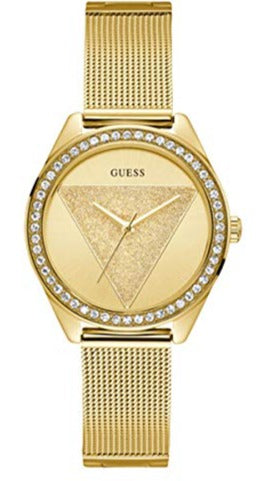 Guess Tri Glitz Quartz Diamonds Gold Dial Gold Mesh Bracelet Watch For Women - W1142L2