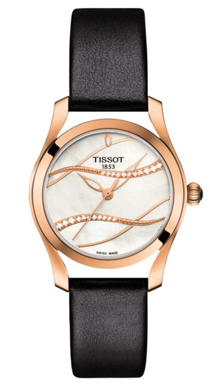 Tissot T Wave Diamond Mother of Pearl Dial Black Leather Strap Watch For Women - T112.210.36.111.00