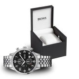 Hugo Boss Aeroliner Chronograph Black Dial Silver Steel Strap Watch For Men - 1512446