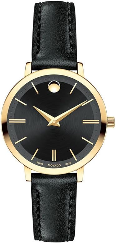 Movado Ultra Slim Black Dial Black Leather Strap Watch For Women - 0607095
