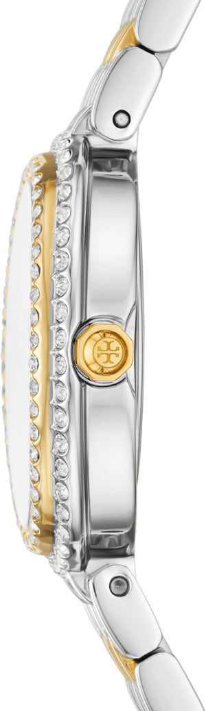 Tory Burch Oval Crystals Mother of Pearl Dial Two Tone Steel Strap Watch for Women - YBW6037