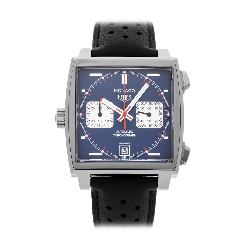 Tag Heuer Monaco Automatic Chronograph Blue Dial Black Leather Strap Watch for Men - CAW211P.FC6356