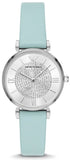 Emporio Armani AR11443 Gianni T-Bar Analog Crystals Women's Watch – Silver Dial with Blue Leather Strap