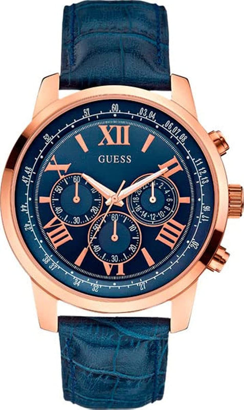 Guess Horizon Chronograph Blue Dial Blue Leather Strap Watch For Men - W0380G5